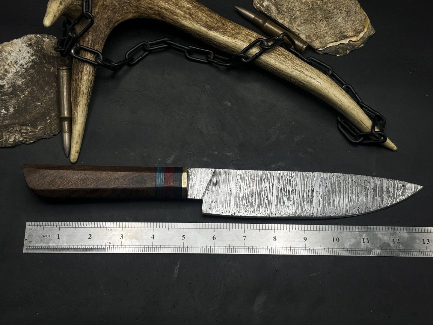 Damascus Steel Kitchen Chef EDC Knife – Wood Handle with Cow Leather Sheath