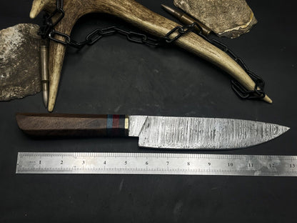 Damascus Steel Kitchen Chef EDC Knife – Wood Handle with Cow Leather Sheath