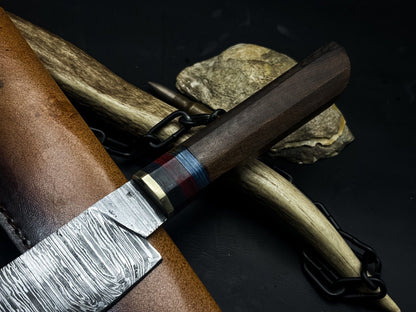Damascus Steel Kitchen Chef EDC Knife – Wood Handle with Cow Leather Sheath