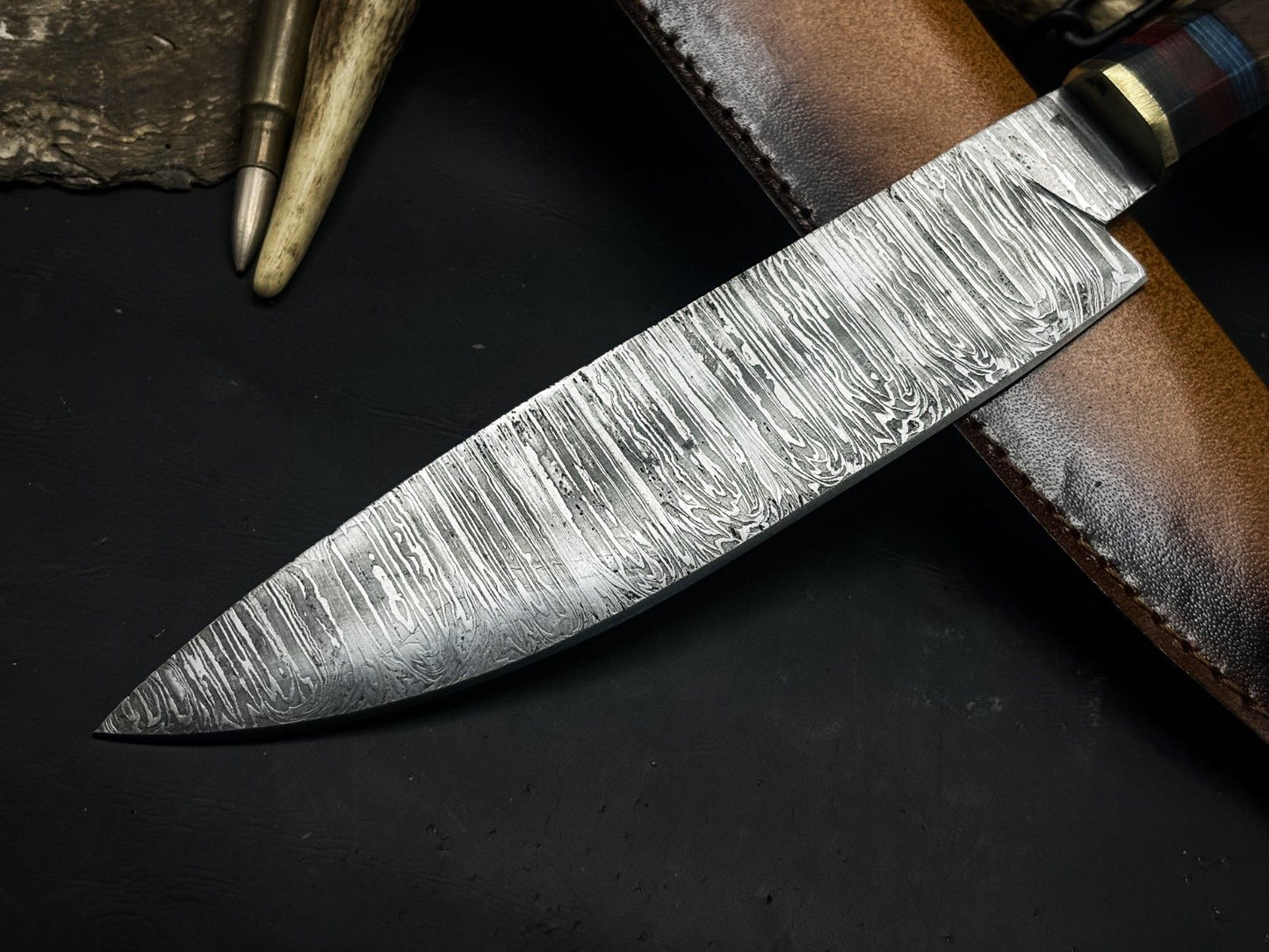Damascus Steel Kitchen Chef EDC Knife – Wood Handle with Cow Leather Sheath