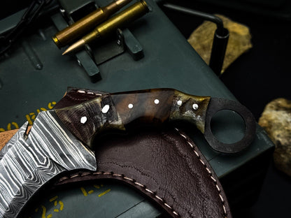 8” Handmade Damascus Karambit Knife Full Tang Damascus Steel with Horn Handle