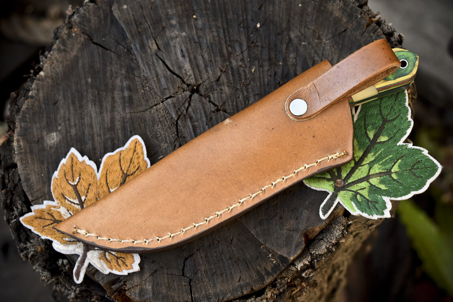 Twist Damascus Skinner Knife with Bone and Wood Handle and Leather Sheath