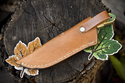 Twist Damascus Skinner Knife with Bone and Wood Handle and Leather Sheath