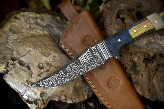 Twist Damascus Skinner Knife with Bone and Wood Handle and Leather Sheath