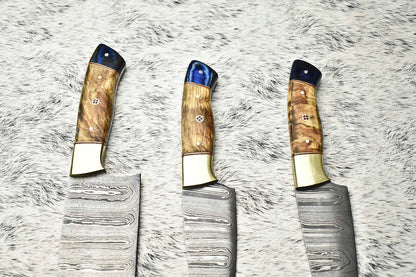Lot of 3 Handmade Damascus Blade Full Tang Chef Knife Set – Premium Kitchen Cutlery