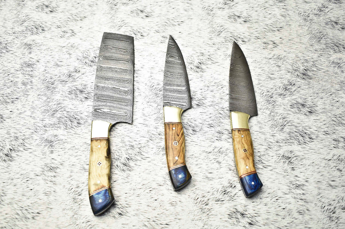 Lot of 3 Handmade Damascus Blade Full Tang Chef Knife Set – Premium Kitchen Cutlery