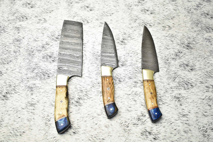 Lot of 3 Handmade Damascus Blade Full Tang Chef Knife Set – Premium Kitchen Cutlery