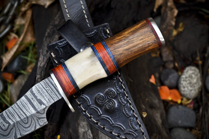 8.0" Twist Damascus Skinner Knife with Bone and Wood Handle – Custom Handmade Survival Knife