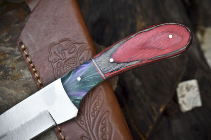 8.5" Skinner Knife | AUS-8 Steel Blade | Hardwood Handle with Micarta Bolster | Leather Sheath | EDC