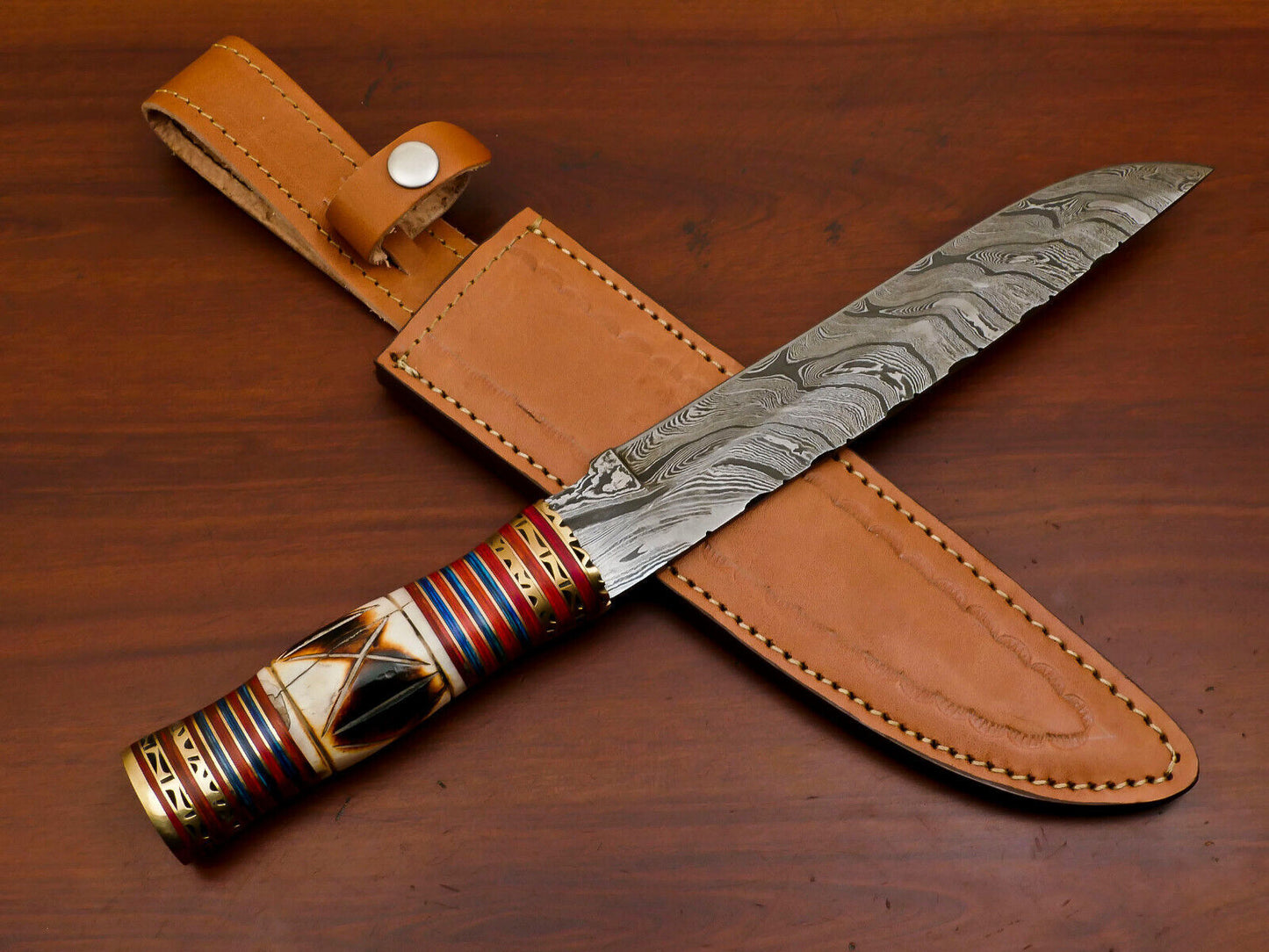 14" Damascus Steel Bowie Knife with Burn Camel Bone & Pakka Wood Handle