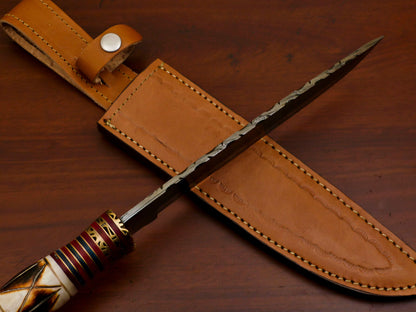 14" Damascus Steel Bowie Knife with Burn Camel Bone & Pakka Wood Handle