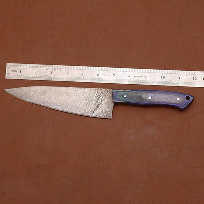 Damascus Steel Chef Knife | 12" Kitchen Knife with Wood Handle & Leather Sheath