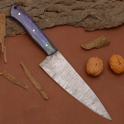 Damascus Steel Chef Knife | 12" Kitchen Knife with Wood Handle & Leather Sheath
