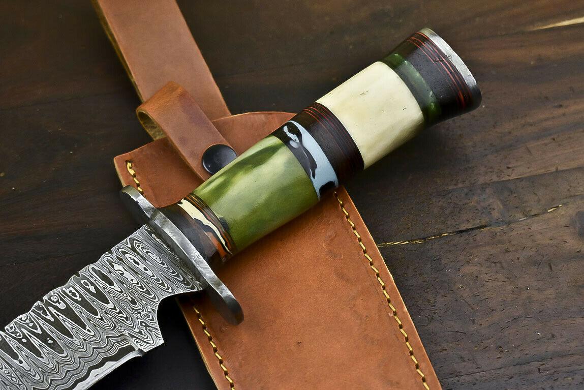 14.6" Handmade Damascus Bowie Knife with Camel Bone Handle