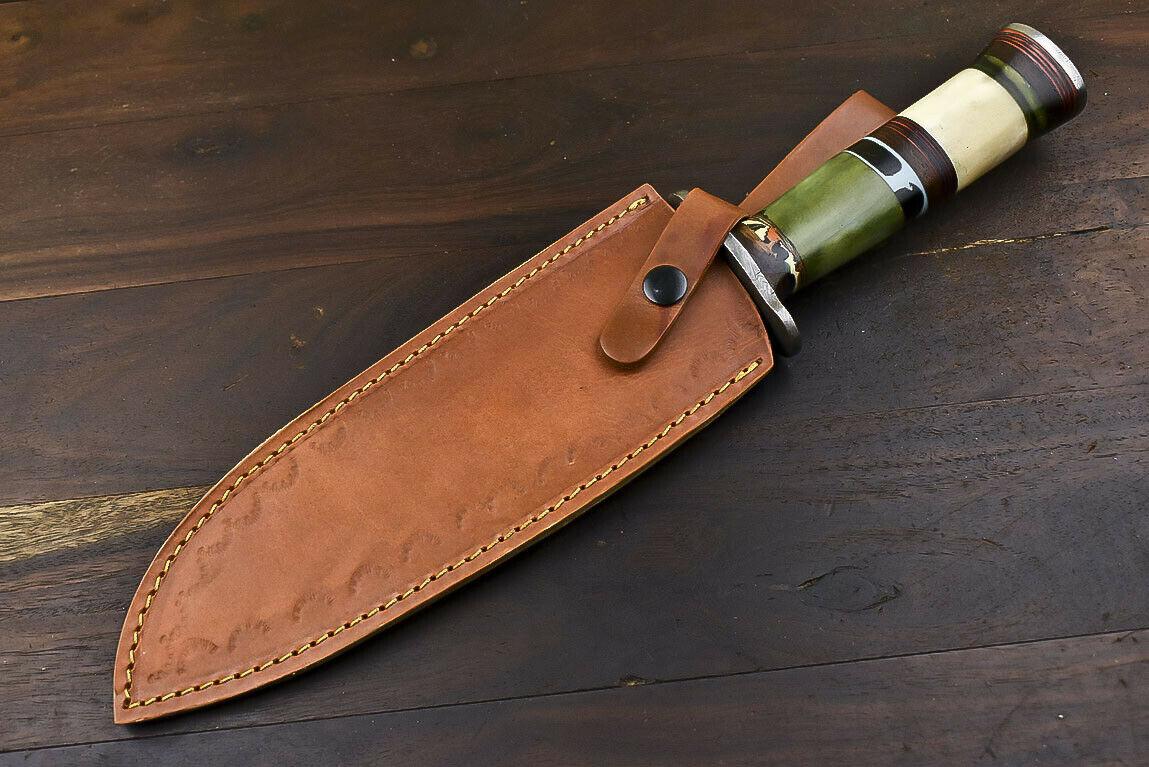 14.6" Handmade Damascus Bowie Knife with Camel Bone Handle