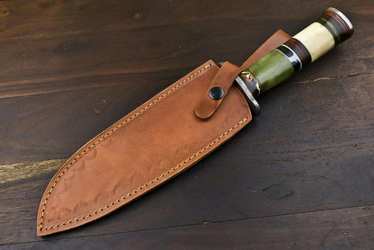 14.6" Handmade Damascus Bowie Knife with Camel Bone Handle