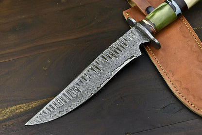 14.6" Handmade Damascus Bowie Knife with Camel Bone Handle