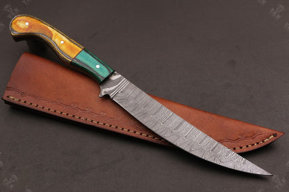 14" Custom Handmade Damascus Fillet Knife Handmade Fillet Knives With Leather Sheath