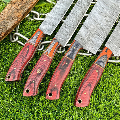 Lot of 4 Handmade Damascus Steel Chef Knife Set – Full Tang Kitchen Knives with Hardwood Handles