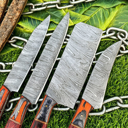Lot of 4 Handmade Damascus Steel Chef Knife Set – Full Tang Kitchen Knives with Hardwood Handles