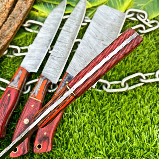 Lot of 4 Handmade Damascus Steel Chef Knife Set – Full Tang Kitchen Knives with Hardwood Handles