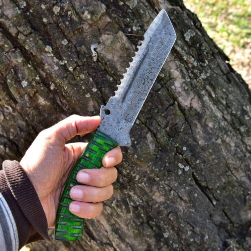 12" Handmade Damascus Steel Hunting Knife – Survival, Camping, Outdoor Rescue with Green Wood Handle