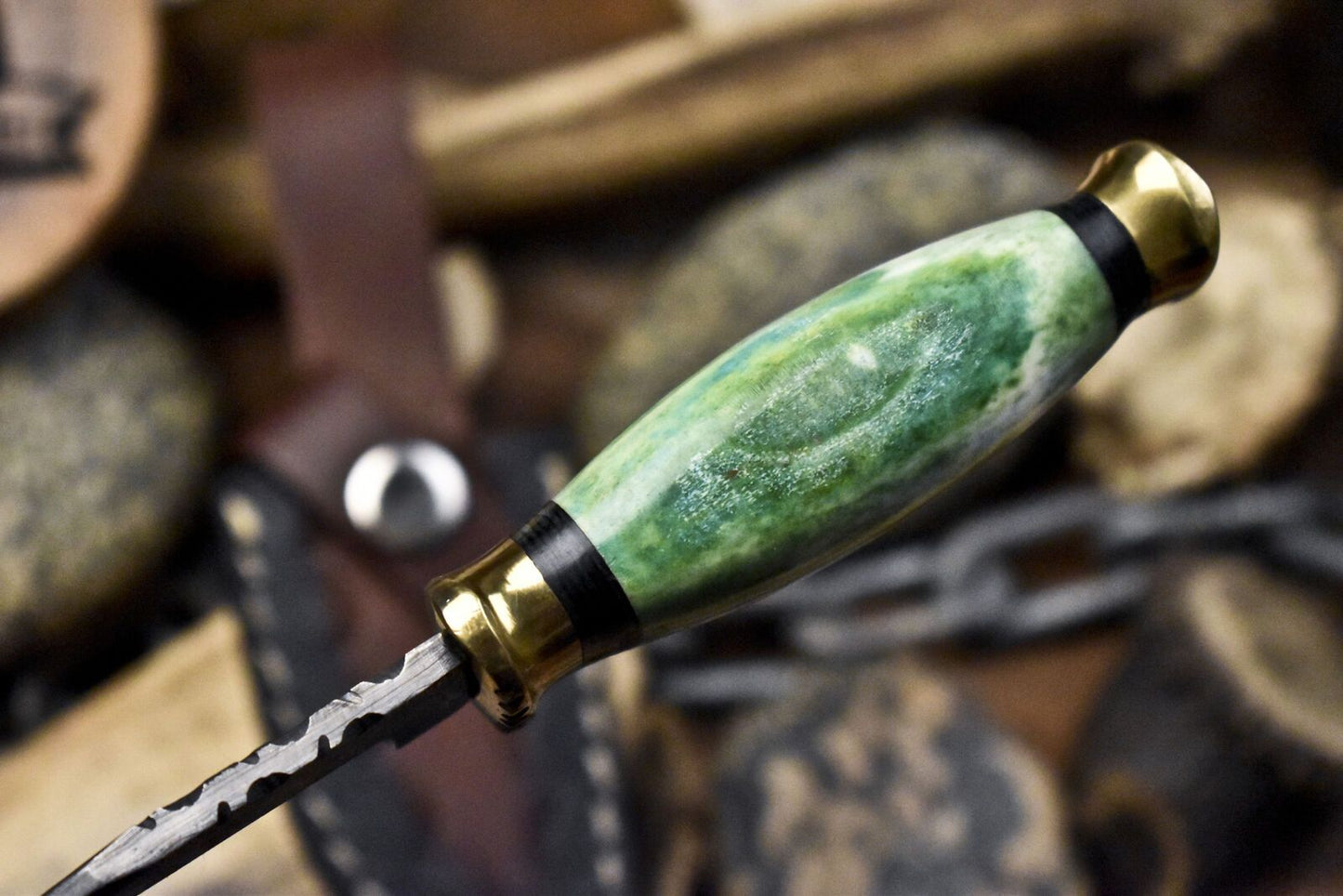 Rain Drop Damascus Skinner Knife with Bone Handle – Custom Hand Forged Hunting Knife with Leather Sheath