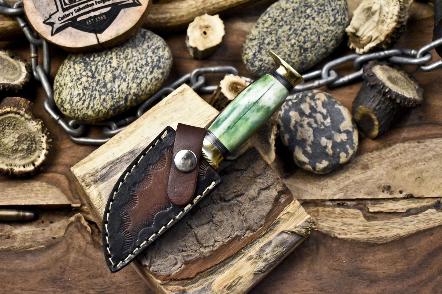 Rain Drop Damascus Skinner Knife with Bone Handle – Custom Hand Forged Hunting Knife with Leather Sheath