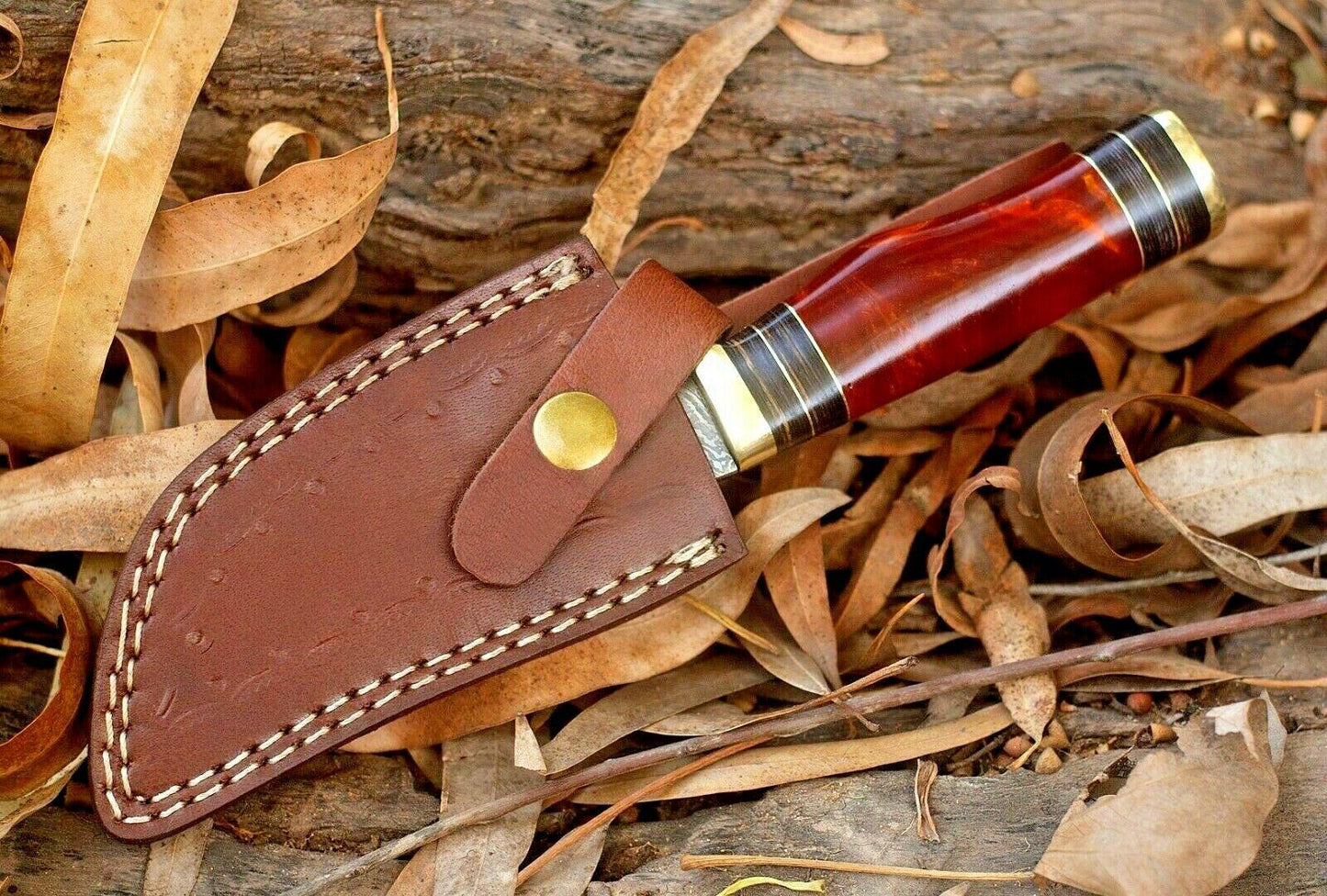 Custom 8" Damascus Steel Bowie Knife – Resin & Brass Guard Handle