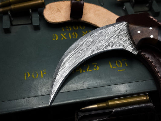 8" Custom Damascus Karambit Knife Damascus Steel Karambit with Horn and wood Handle