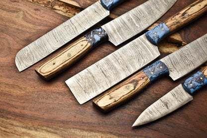 Lot of 5 Handmade Damascus Steel Blade Chef Knife Set with Leather Bag – Custom Forged, Hammered, Full Tang