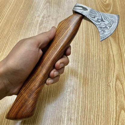 Custom Forged Damascus Axe Tomahawk with Wood Handle | Handmade Damascus Steel Axe for Camping and Survival