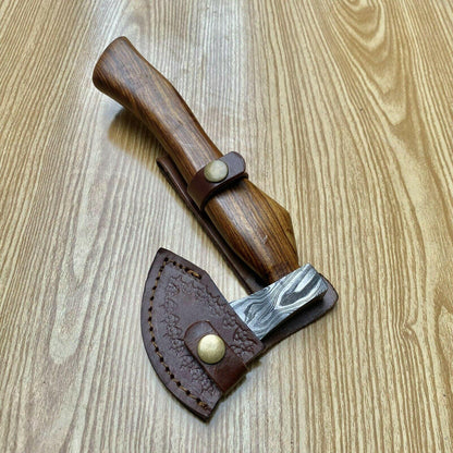 Custom Forged Damascus Axe Tomahawk with Wood Handle | Handmade Damascus Steel Axe for Camping and Survival