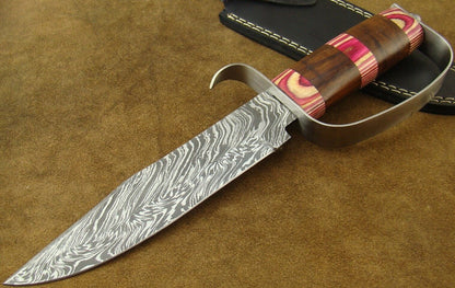 12.9" Damascus D-Guard Bowie Knife with Pakkawood & Rosewood Handle
