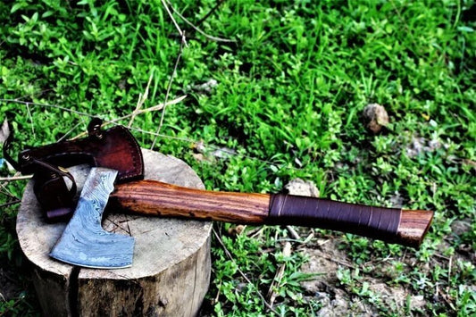 Woodsman Viking Handmade Damascus Steel Tomahawk Hatchet Axe with Rosewood Handle and Leather Sheath