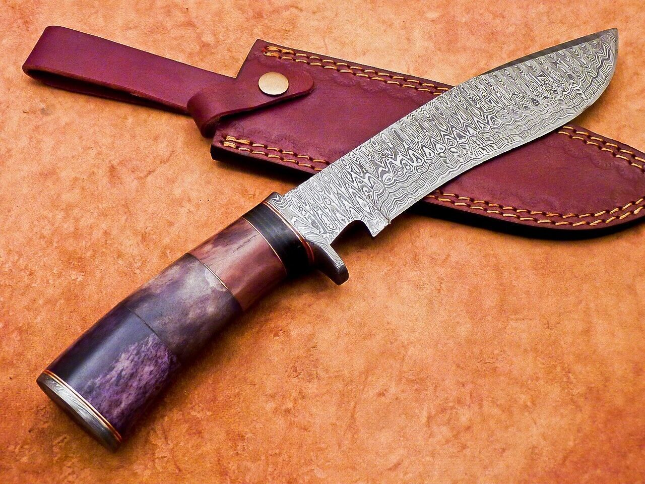 12" Custom Damascus Bowie Knife with Camel Bone Handle & Damascus Bolster