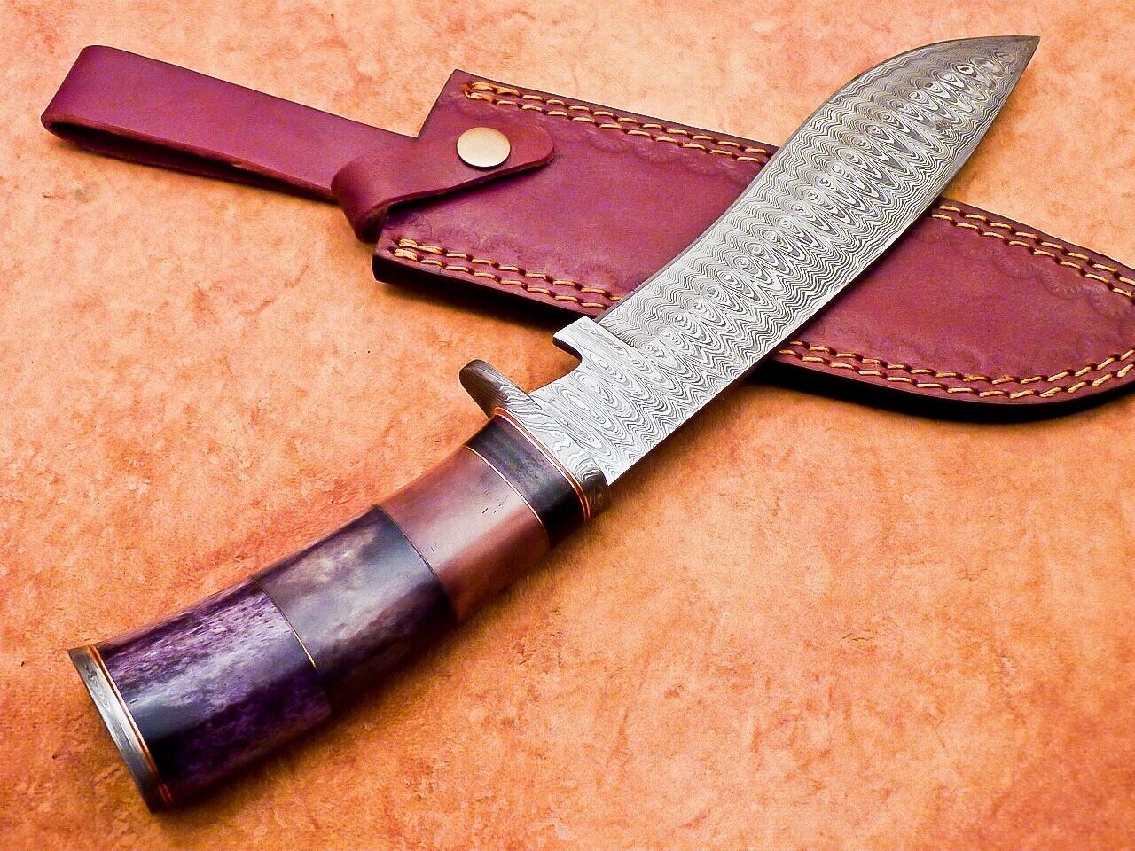12" Custom Damascus Bowie Knife with Camel Bone Handle & Damascus Bolster