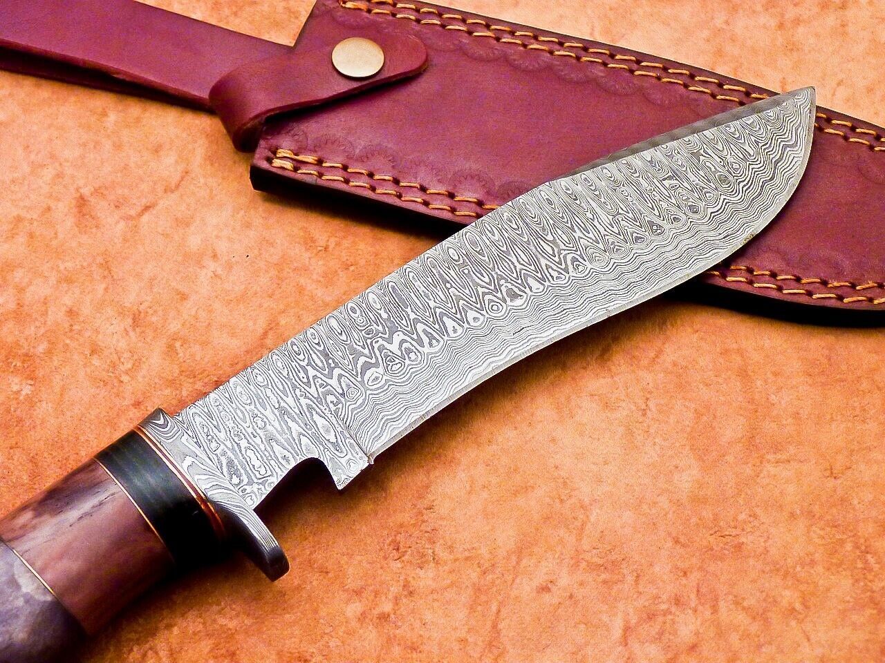 12" Custom Damascus Bowie Knife with Camel Bone Handle & Damascus Bolster