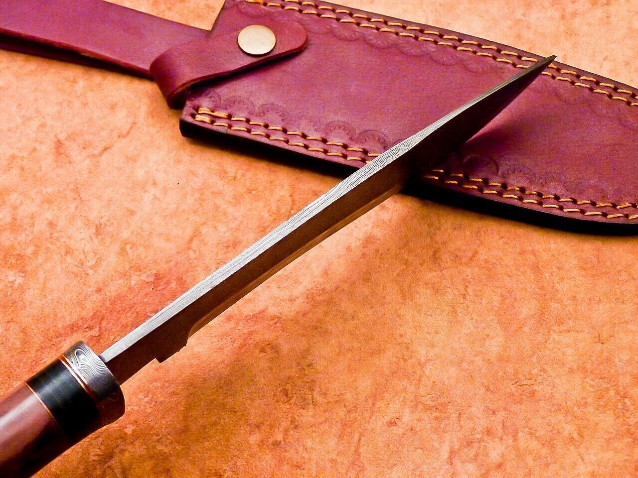 12" Custom Damascus Bowie Knife with Camel Bone Handle & Damascus Bolster