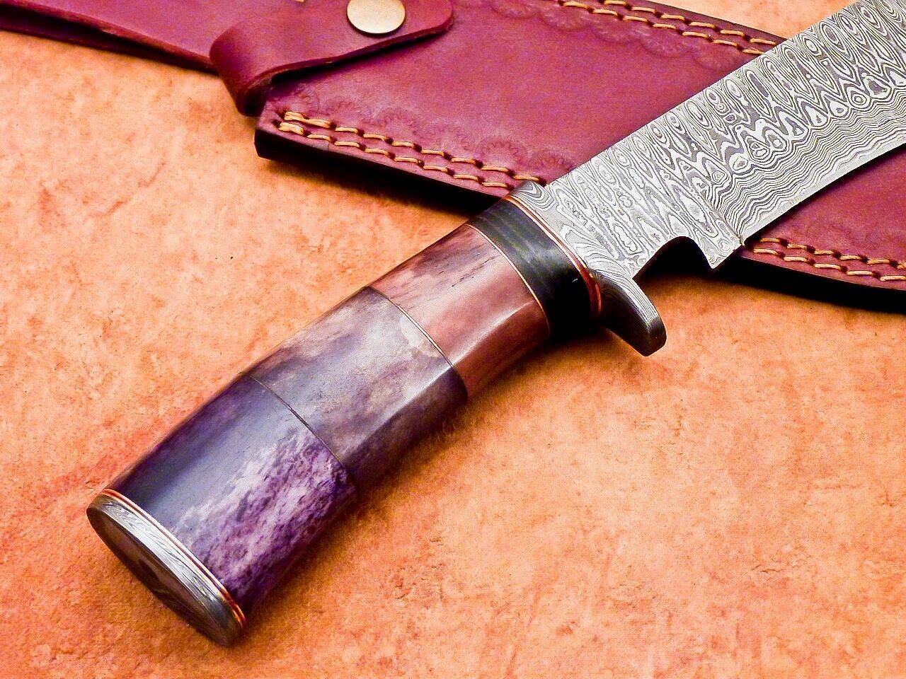 12" Custom Damascus Bowie Knife with Camel Bone Handle & Damascus Bolster