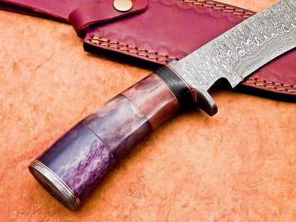 12" Custom Damascus Bowie Knife with Camel Bone Handle & Damascus Bolster