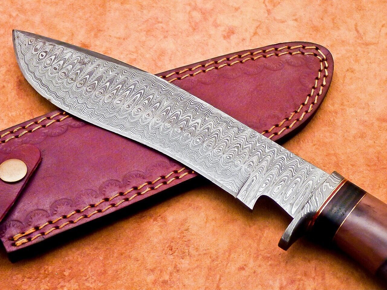 12" Custom Damascus Bowie Knife with Camel Bone Handle & Damascus Bolster