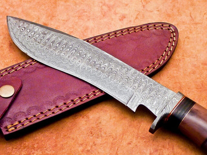 12" Custom Damascus Bowie Knife with Camel Bone Handle & Damascus Bolster