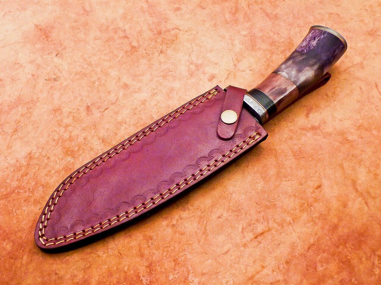 12" Custom Damascus Bowie Knife with Camel Bone Handle & Damascus Bolster