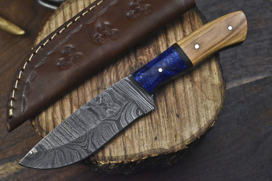 8" Custom Hand Forged Twist Damascus Skinner Knife with Hardwood Handle – Outdoor Hunting & Hiking Companion
