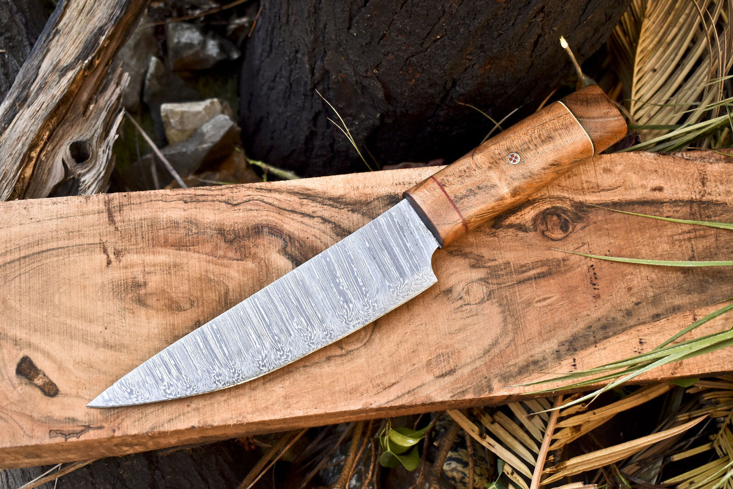 Custom Forged Fire Damascus Chef Knife with Walnut Wood Handle – 13" Hunting & Bushcraft Knife