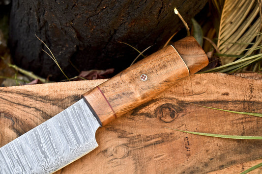 Custom Forged Fire Damascus Chef Knife with Walnut Wood Handle – 13" Hunting & Bushcraft Knife