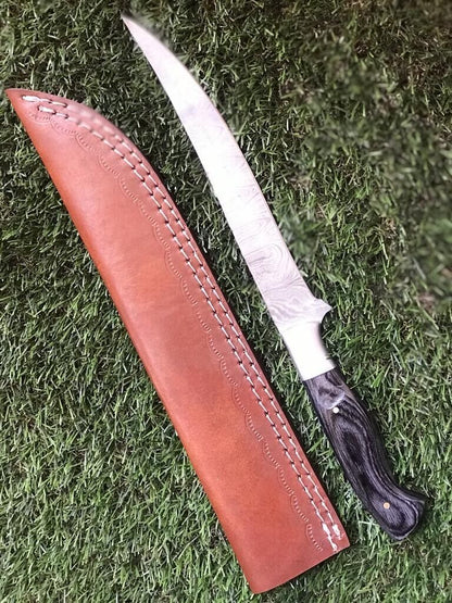 12.5" Hand Forged Twist Damascus Steel Fillet Knife Best Fillet Knife With Leather Sheath