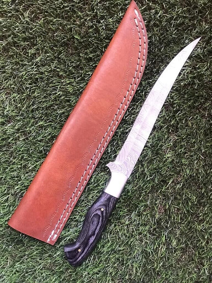 12.5" Hand Forged Twist Damascus Steel Fillet Knife Best Fillet Knife With Leather Sheath