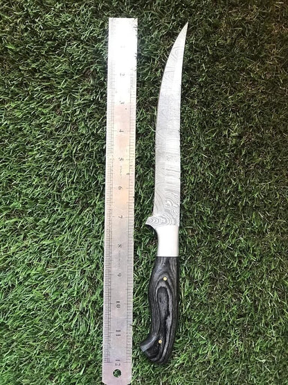 12.5" Hand Forged Twist Damascus Steel Fillet Knife Best Fillet Knife With Leather Sheath